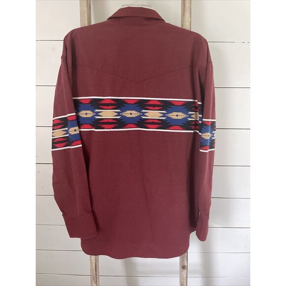 VTG 90s Mens Wrangler Aztec Western Rare Red Snap Button Shirt LS Rodeo Sz XL - Picture 3 of 9